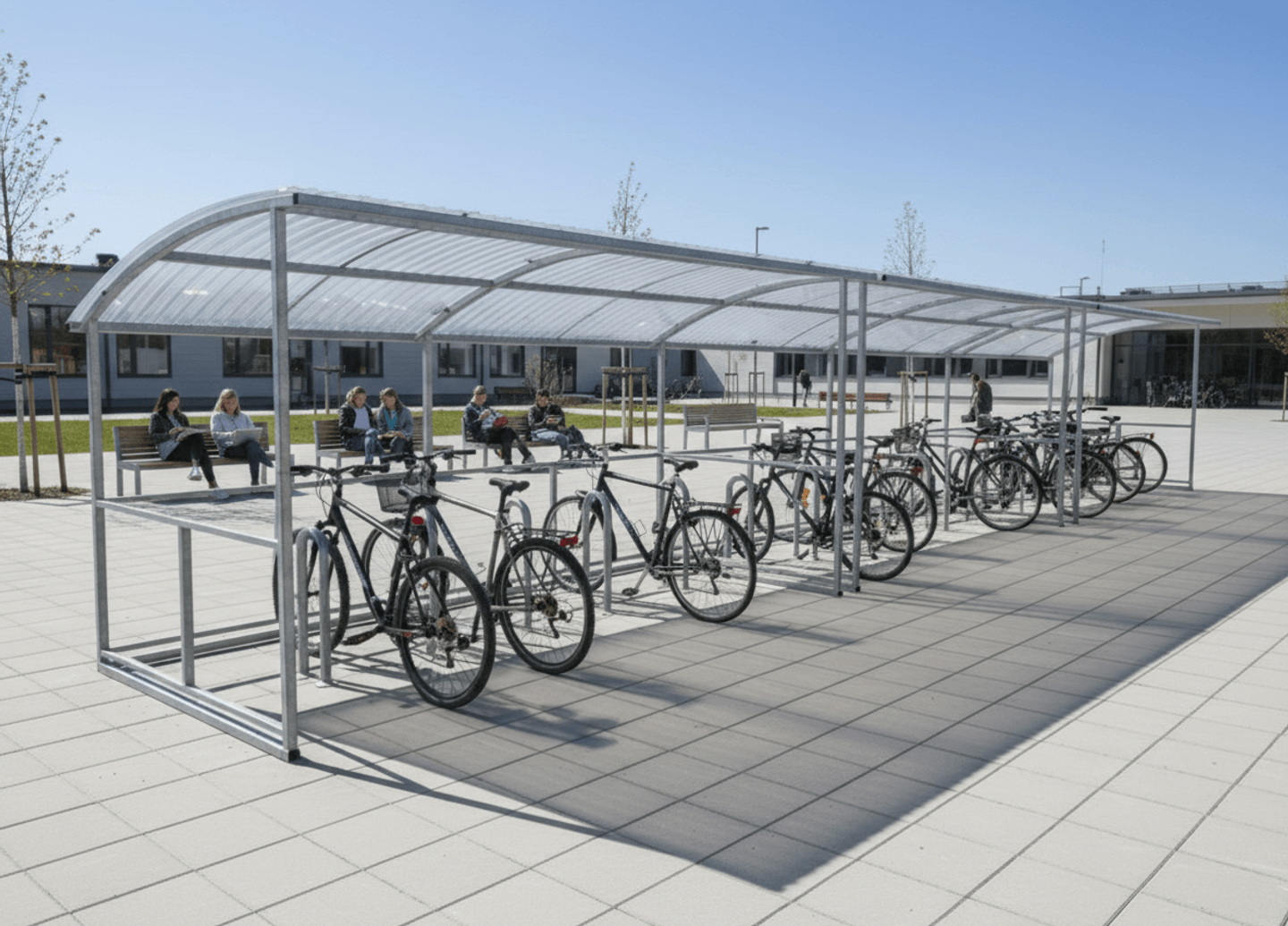 Bicycle Shelter Basic, 4.7 m, CubiQ Std bicycle racks, 10 spaces, surface mounting