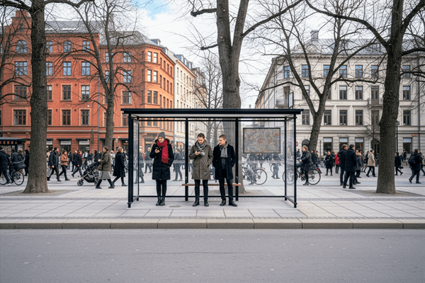 Edgy bus shelter, 4.2 m, surface-mounted on a concrete slab