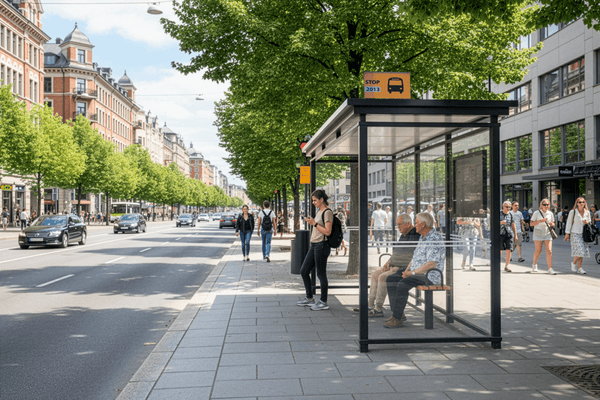 Bus shelter Edgy, 5.6 m, surface mounted on a concrete slab