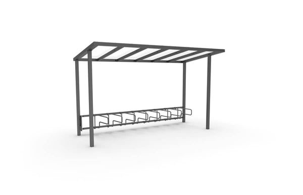Bicycle Shelter ViVa, 4 m, single-sided CubiQ Std bicycle racks, 8 spaces, with rear and front posts, in-ground installation.