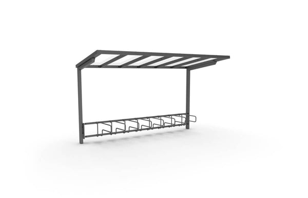 Bicycle shelter ViVa, 4 m, 1-sided CubiQ Std bicycle racks, 8 spaces, with rear posts, in-ground installation