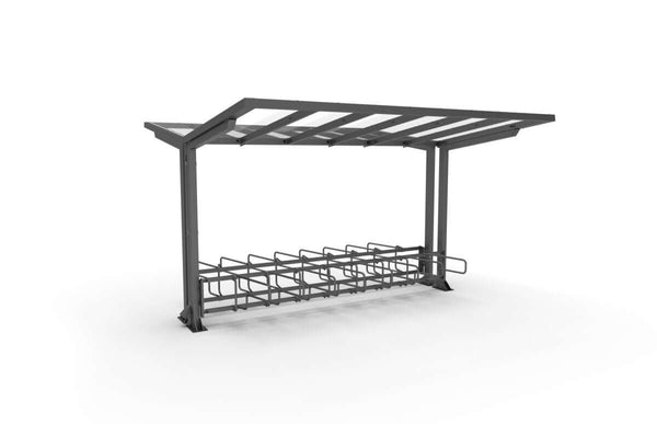 Bicycle shelter ViVa, 4 m, double-sided CubiQ Std bicycle racks, 16 pcs, with rear posts, surface mounted