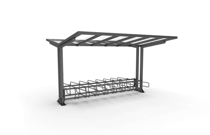 Bicycle shelter ViVa, 4 m, double-sided CubiQ Std bicycle racks, 16 pcs, with rear posts, surface mounted
